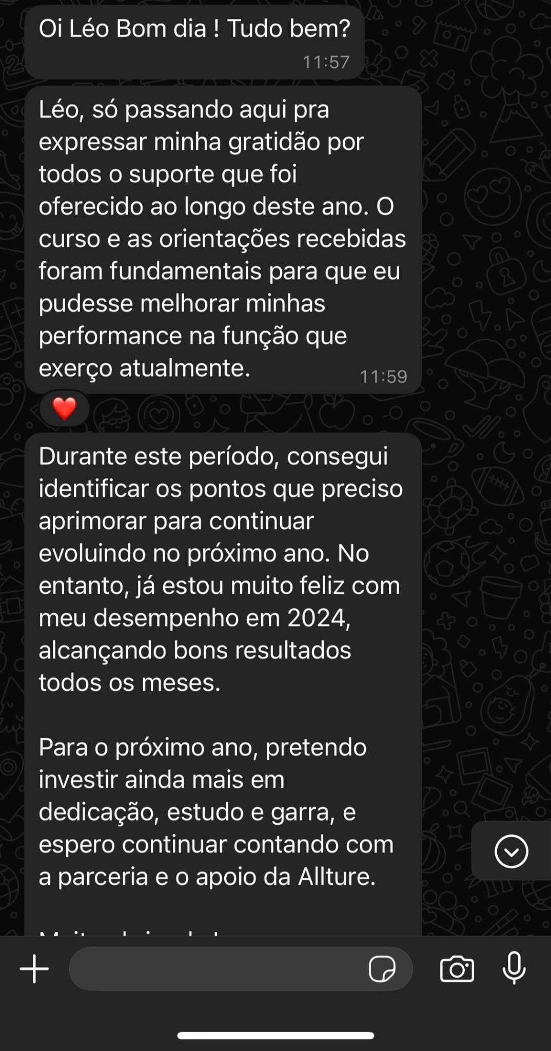 Depoimento WhatsApp - gratidão e suporte